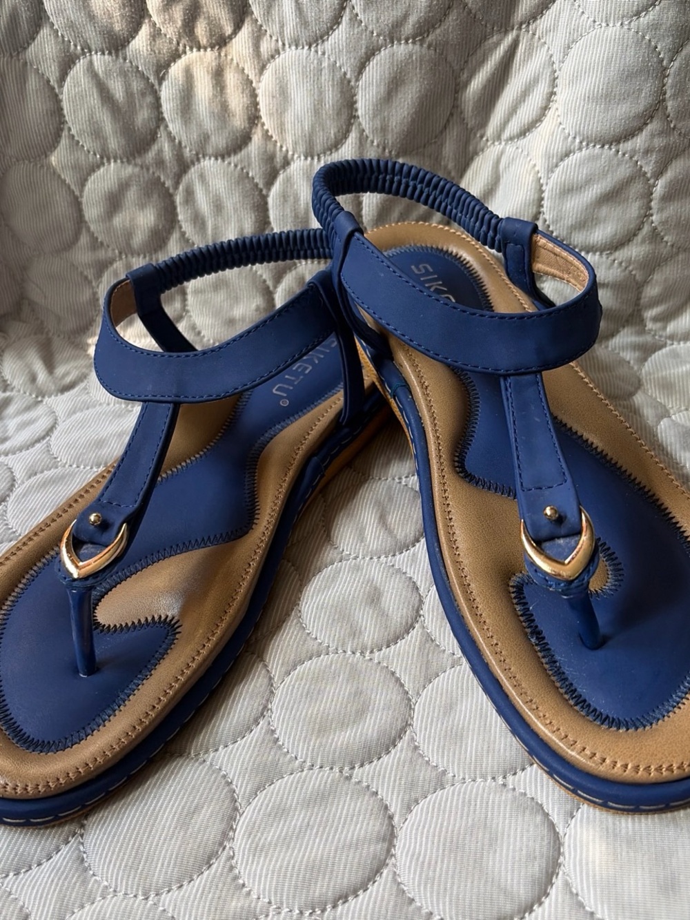 Women’s Navy Blue T‑Strap Sandals with Gold Accent by